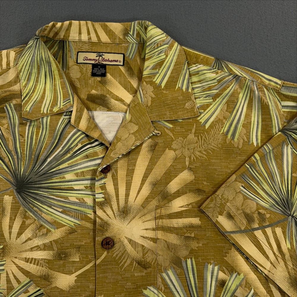 Tommy Bahama Mens Medium 100% Silk Tropical Palm Frond Camp Shirt Olive Green